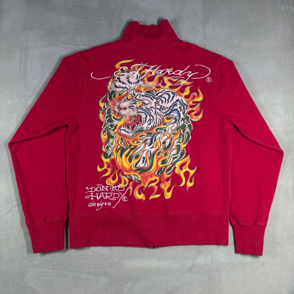 Ed Hardy Christian Audigier Vintage Y2K Red Tiger Flame Zip Up Sweatshirt Mens M